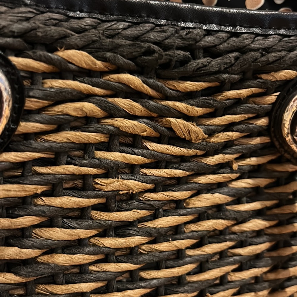 ✨ BRIGHTON ✨ Vintage Raffia Weave Straw Leather Trim Black/Brown Bucket Bag - Picture 14 of 16
